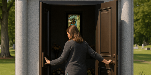 Person opening a dark front door, stepping from a house into a bright green yard.