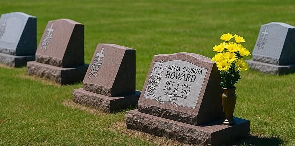 Gravestones in a cemetery, with yellow flowers in a vase on one headstone.