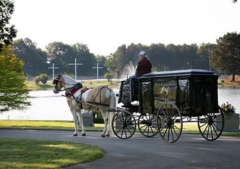 Horse-drawn black hearse on a paved path by a lake with cross markers in the background