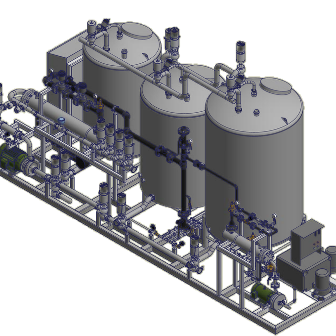 A drawing of a machine with three tanks and pipes