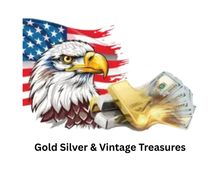 Eagle with US flag and cash, &ldquo;Gold Silver & Vintage Treasures&rdquo; logo