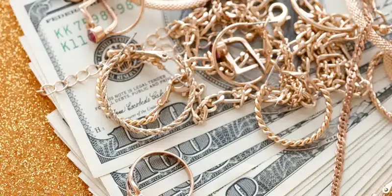 Gold jewelry scattered over U.S. dollar bills on a glittery orange background