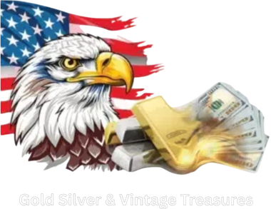 Eagle head over torn American flag, with gold bars and cash