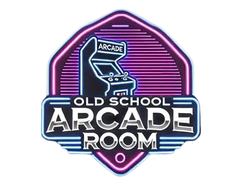 Neon-style “Old School Arcade Room” sign with a retro arcade cabinet icon on a dark background