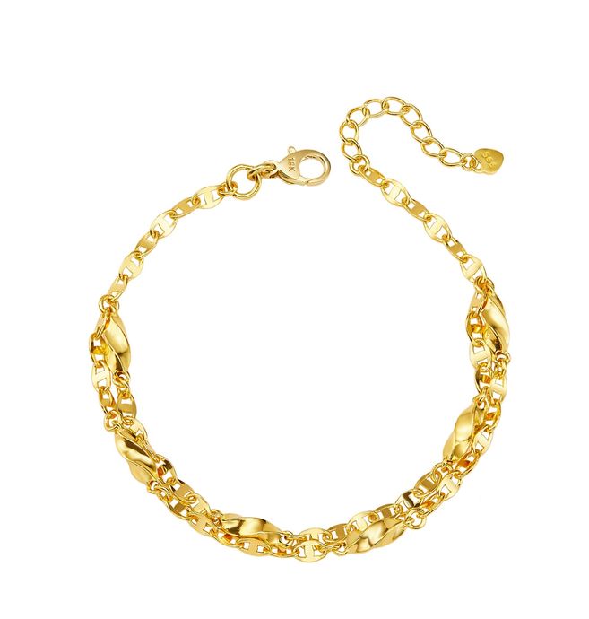Gold chain bracelet with textured links and an extender clasp on a white background