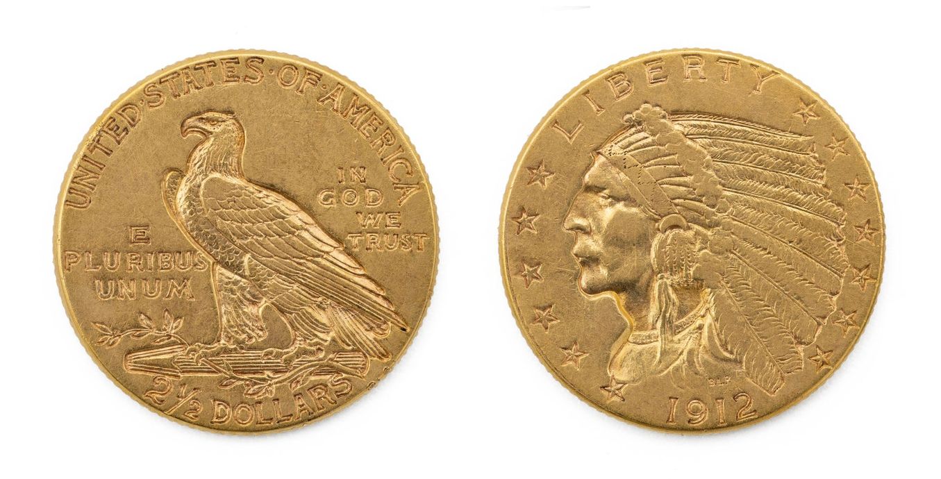 Two gold coins: one with a bird, one with a Native American profile and headdress