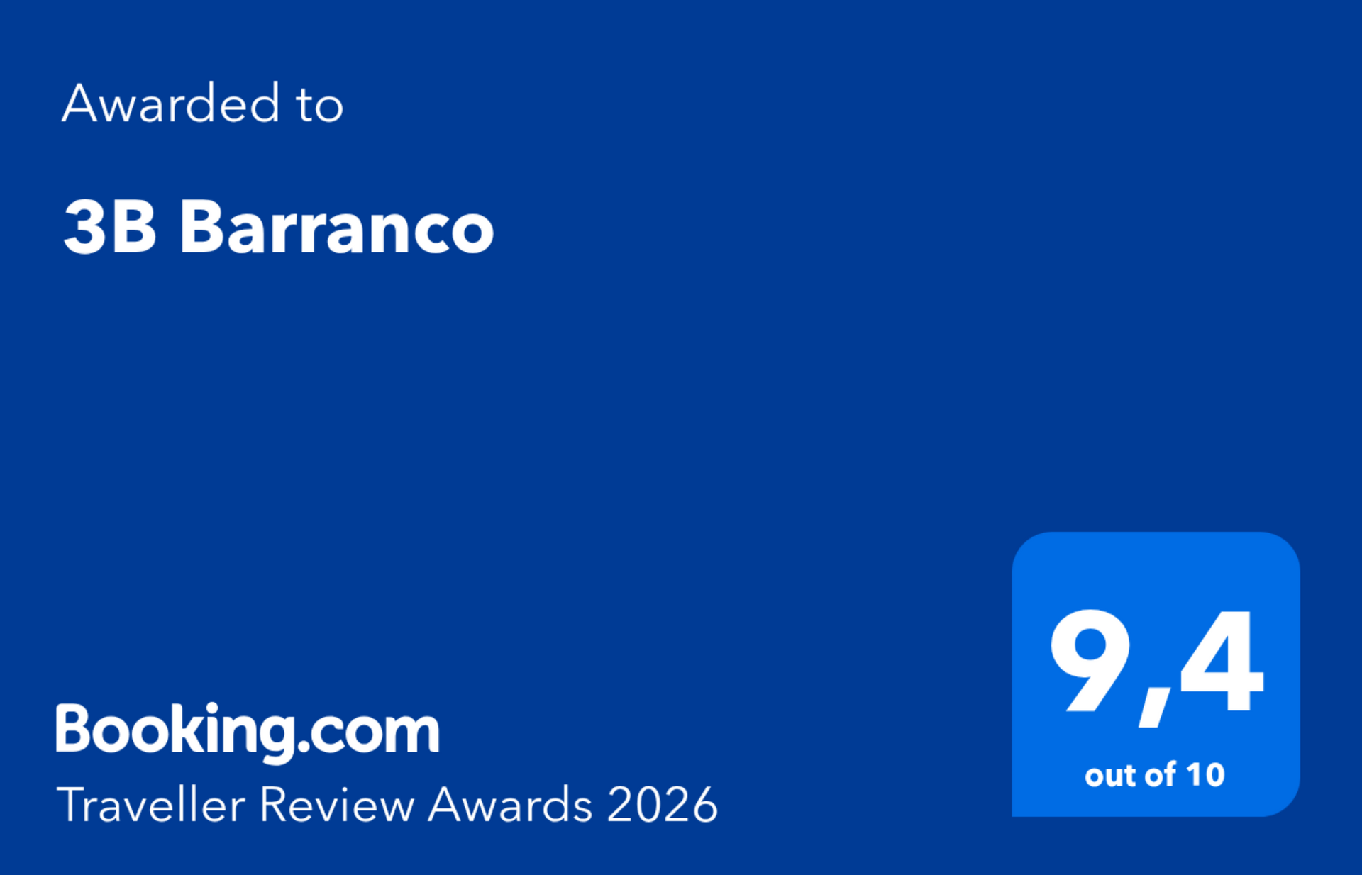 Blue Booking.com award badge for 3B Barranco, showing 9.4 out of 10.