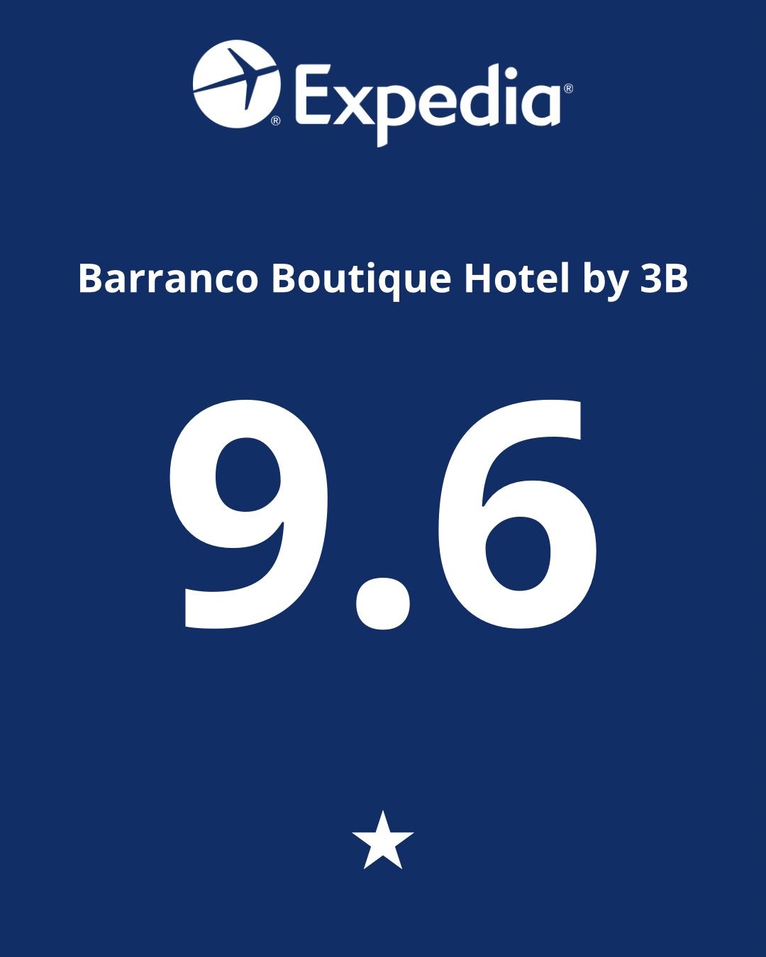 Expedia hotel rating screen for Barranco Boutique Hotel by 3B, showing 9.6 with a star on blue background