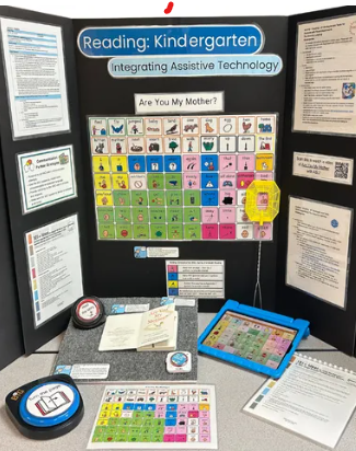 Kindergarten reading display board with AAC symbols, colorful charts, and classroom materials
