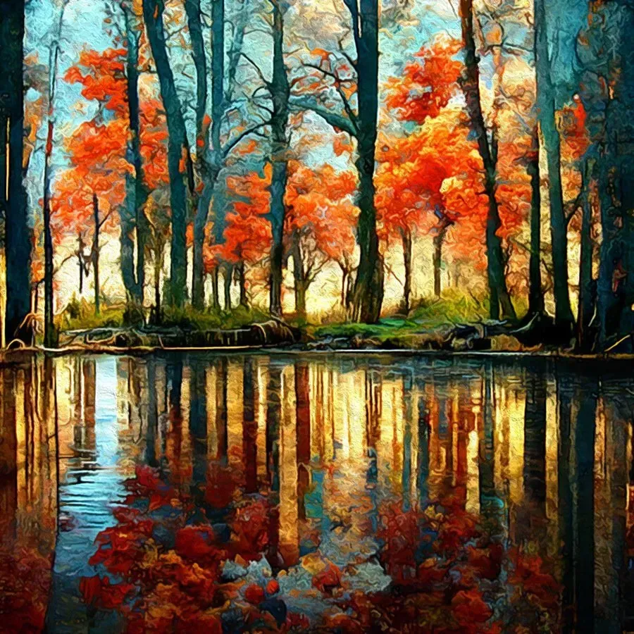 A digital painting of an autumn landscape.