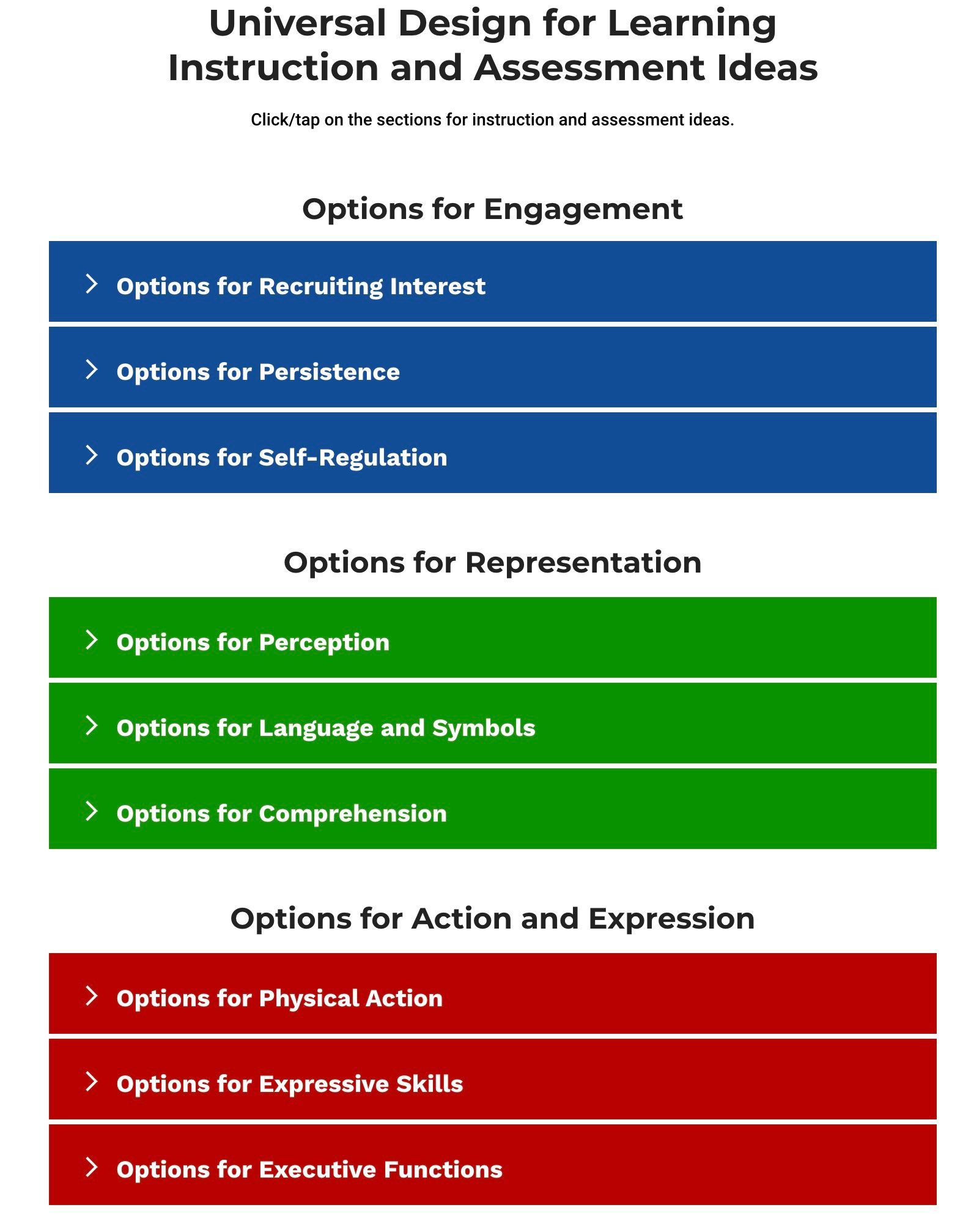 A list of options for Universal Design learning instruction and assessment ideas
