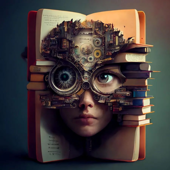 Open book with a face and mechanical gears emerging from its pages, surrounded by stacked books.