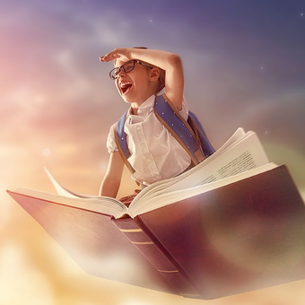 Girl with glasses flying on a giant open book, looking up with a joyful expression in a cloudy sky.