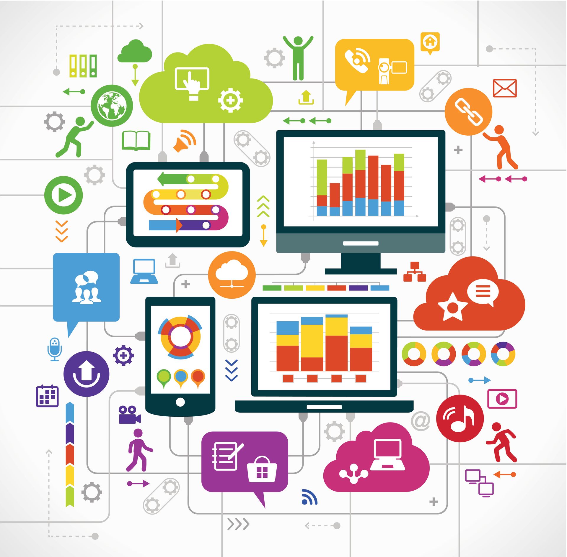 A variety of technology devices, such as tablets, phones, and computers.