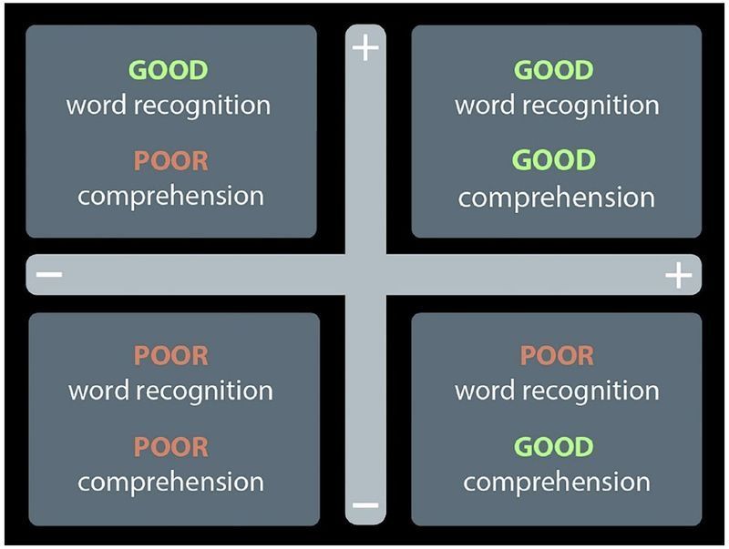 2x2 chart comparing good/poor word recognition and comprehension with gray bars and green/orange labels