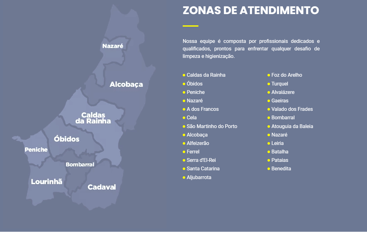 Zonas de atendimentos
Caldas da Rainha
Óbidos
Peniche
Nazaré
A dos Francos
Cela
São Martinho do Porto
Alcobaça
Alfeizerão
Ferrel
Serra del Rey
Santa Catarina
Aljubarrota
Foz do Arelho
Turquel
Alvaiázere
Gaeiras
Valado dos Frades
Bombarral
Atouguia da Baleia
Nazaré
Leiria 
Batalha
Pataias 
Banedita 