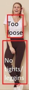 A woman is wearing a white shirt and black leggings.