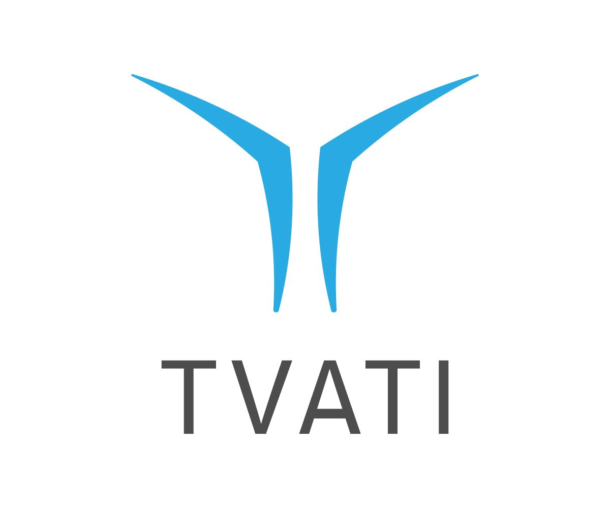 A logo featuring two upward-curving blue shapes above the grey, uppercase text