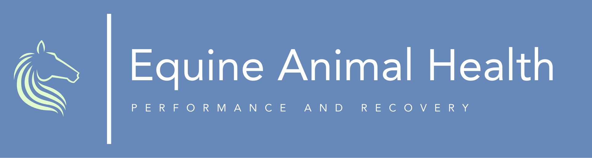 Logo for Equine Animal Health featuring a stylized white horse head icon and text on a blue background.