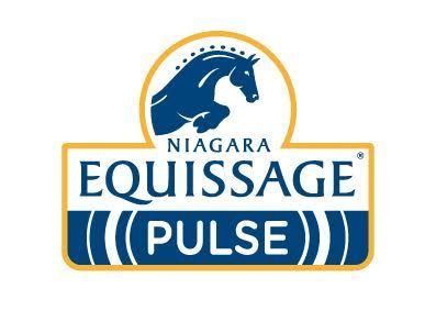 Logo for Niagara Equissage Pulse featuring a dark blue horse silhouette above text in a blue and gold frame.
