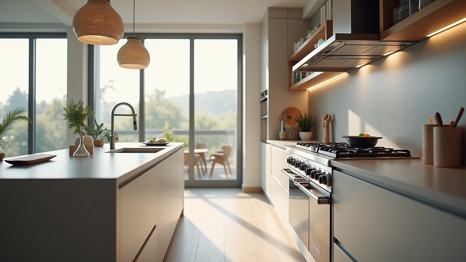 Modern kitchen with island, stainless steel appliances, and large window overlooking trees.