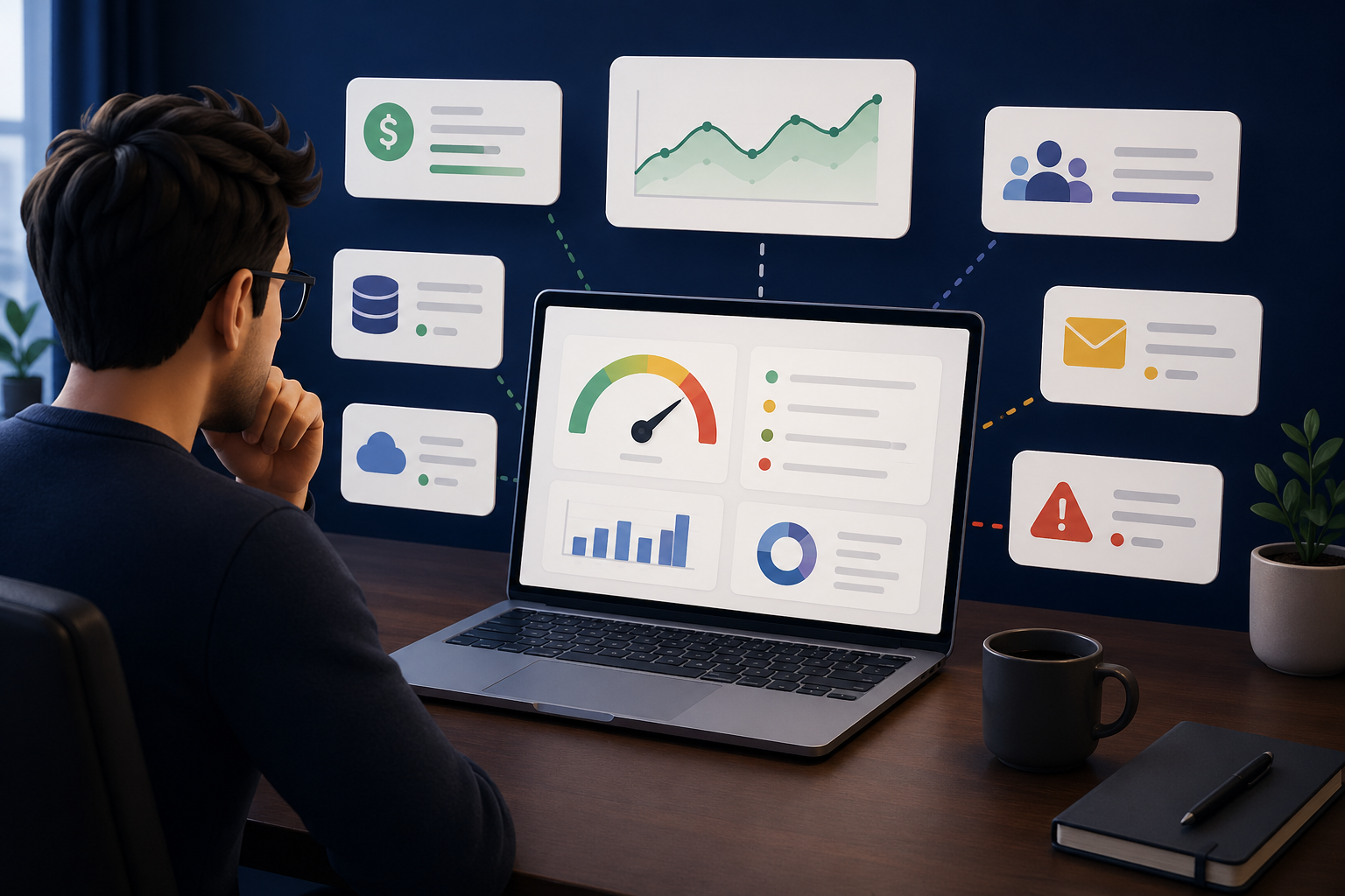 Person viewing a laptop analytics dashboard with charts and alert cards in a dark office