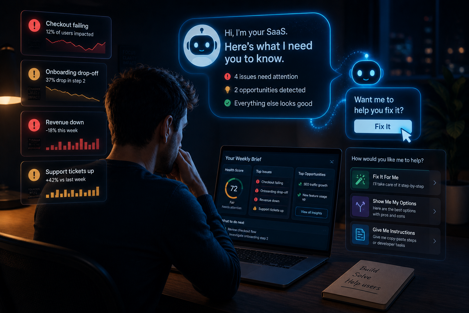 Person at a desk viewing glowing AI-style interface panels on multiple screens in a dark room