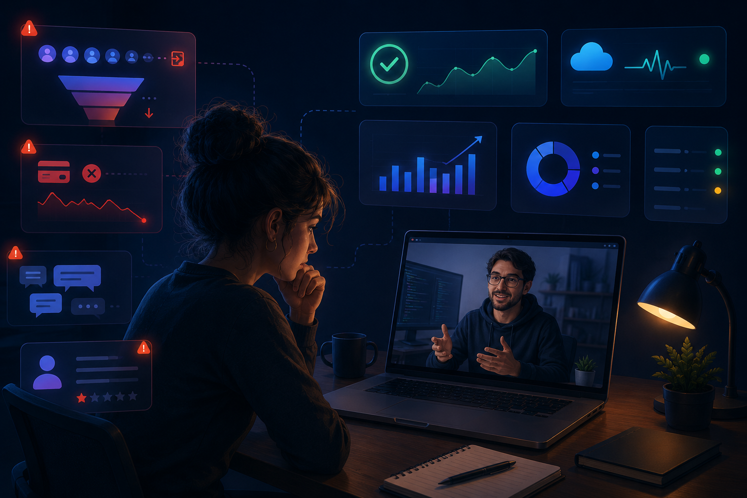 Person studying analytics on a laptop in a dark room, with glowing charts and a video call on screen