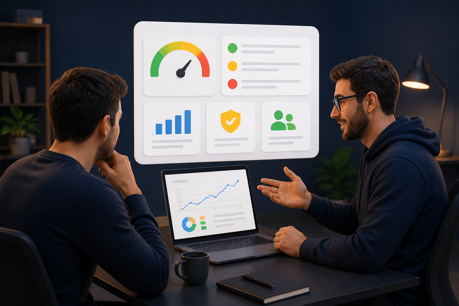 Two people in a dark office discussing analytics dashboards on a laptop and wall screen