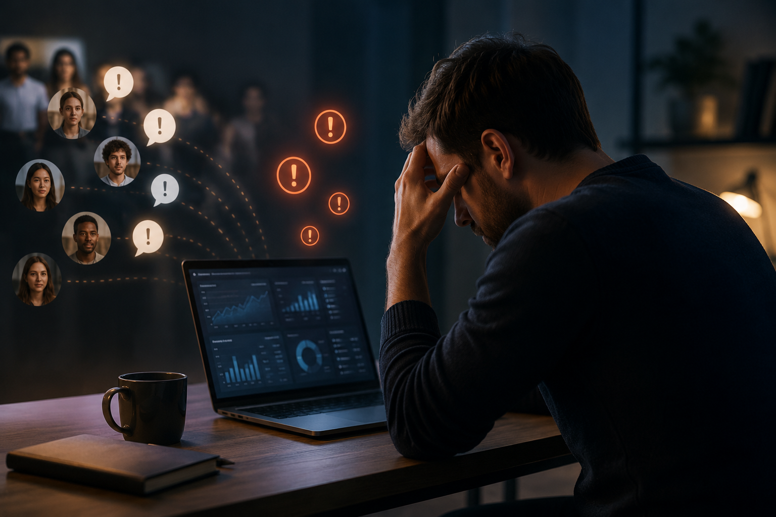 Person at a desk studying a laptop screen with profile icons and data graphics floating in the dark background
