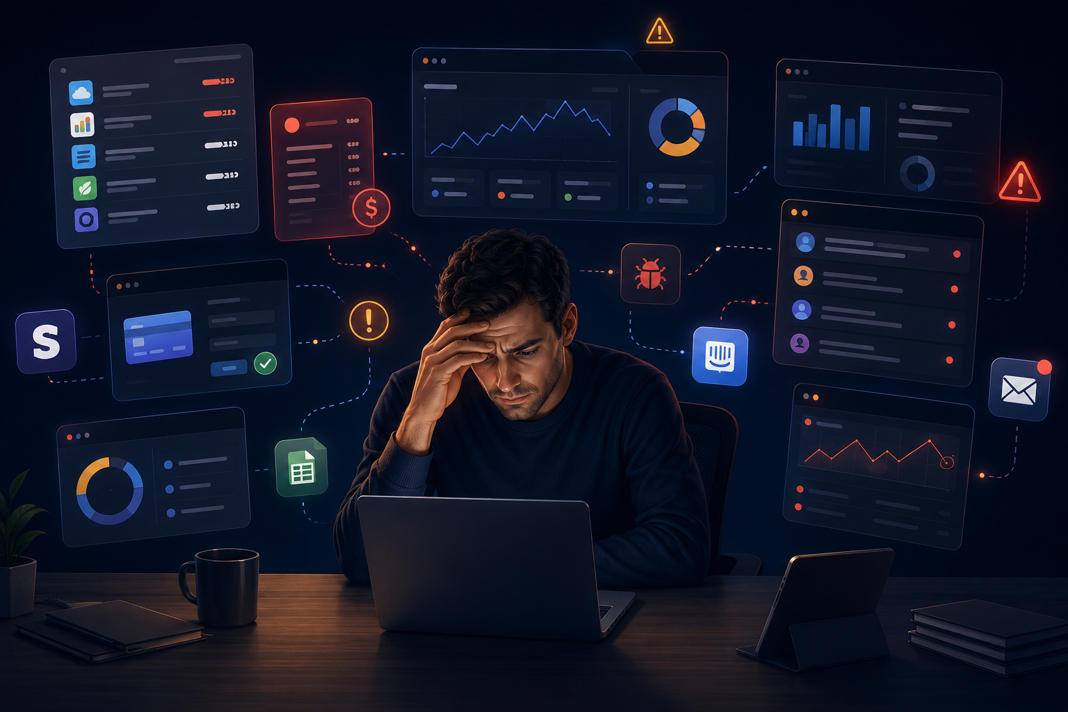 Stressed man at a laptop surrounded by glowing cybersecurity dashboards and alert icons