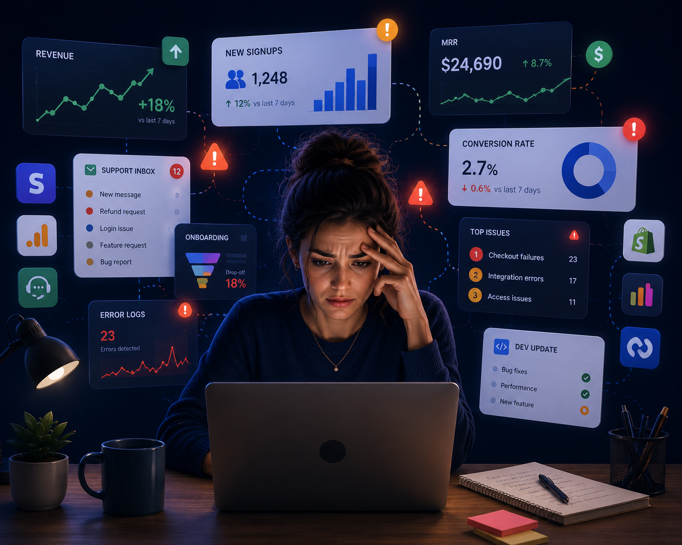 Person working at a laptop surrounded by glowing analytics dashboards and charts in a dark office
