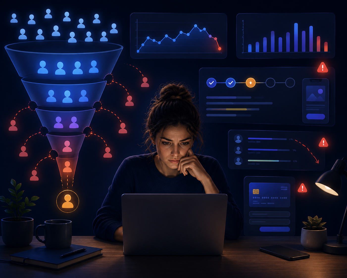 Woman using a laptop in a dark room with glowing analytics charts and funnel graphics on screens