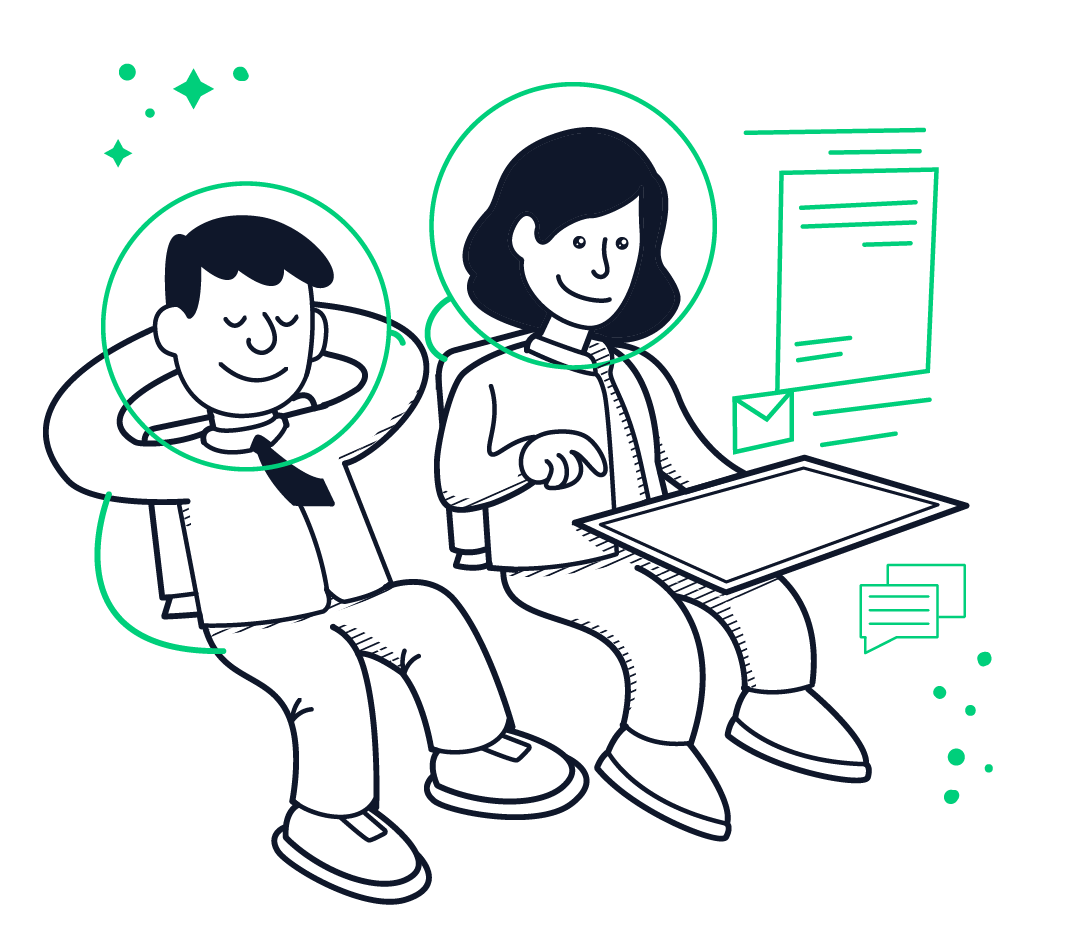 Two smiling coworkers using a laptop, with chat bubbles and a document interface around them