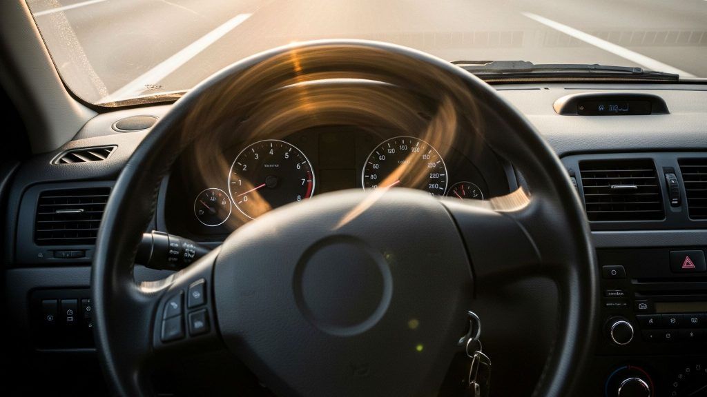 Steering wheel and dashboard of a car, with sunlight streaming through the windshield.