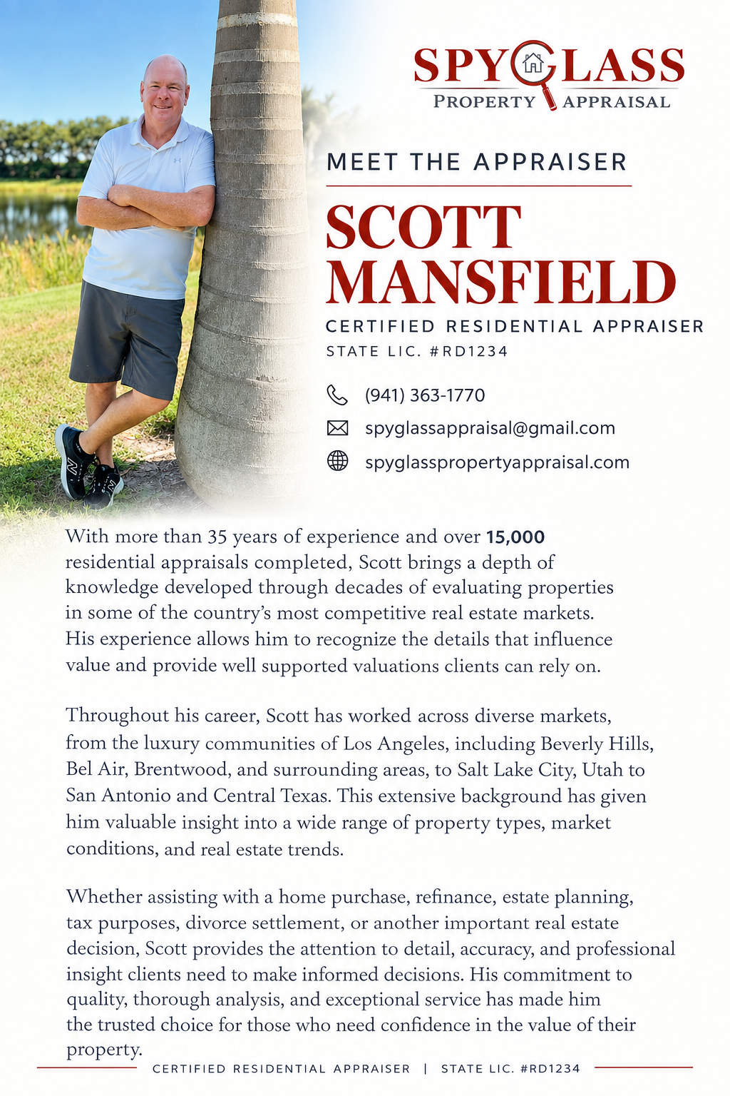 Flyer for Spyglass Realty featuring appraiser Scott Mansfield beside text and contact details