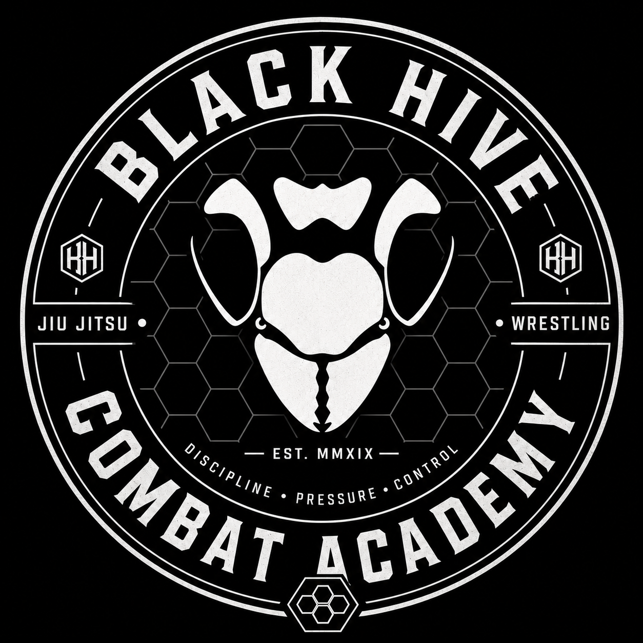 Black Hive Combat Academy MMA logo with white bee and hexagonal design on black background