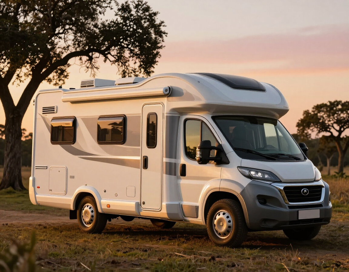 Motorhome estacionado ao pôr do sol
