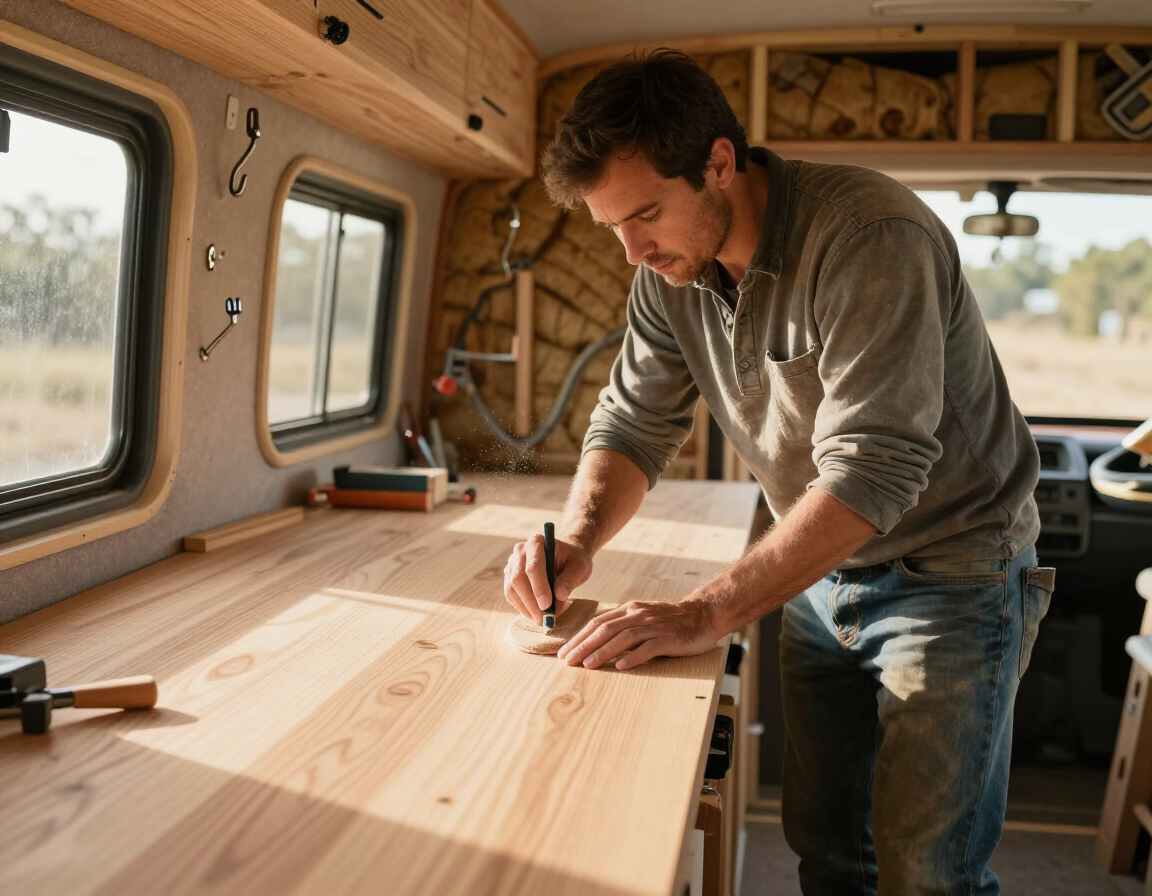 Marceneiro trabalhando em painel de madeira dentro de motorhome