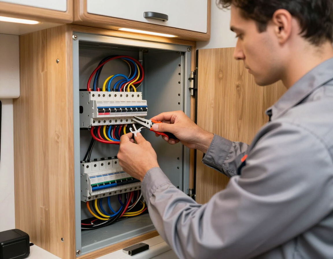 Técnico organizando fiação elétrica em motorhome