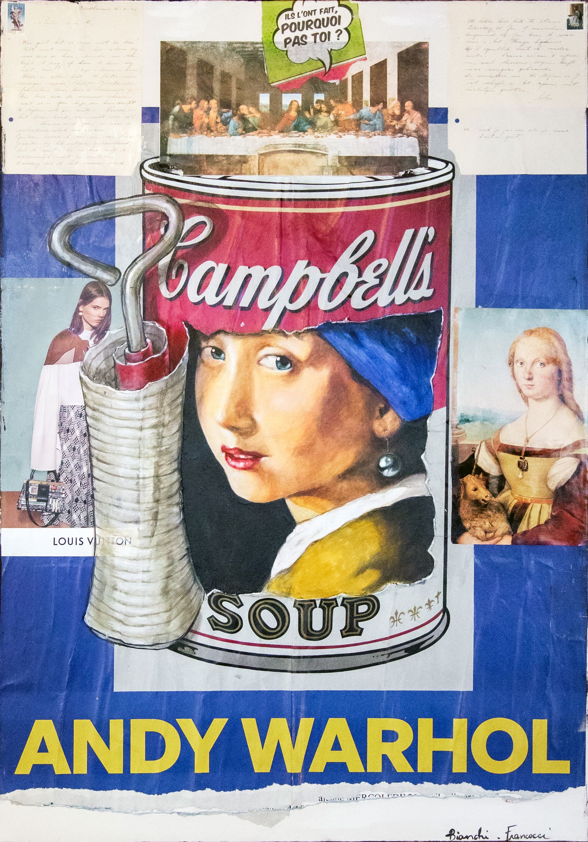 Una stampa artistica di Andy Warhol raffigurante una lattina di zuppa con un ritratto dipinto, esposta su un muro di mattoni a vista.