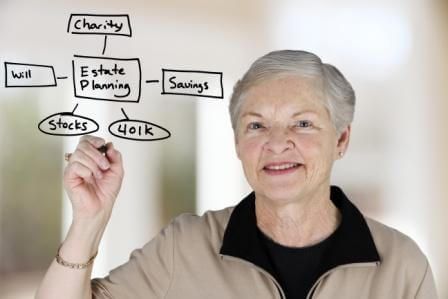 An elderly woman is writing on a whiteboard about estate planning.