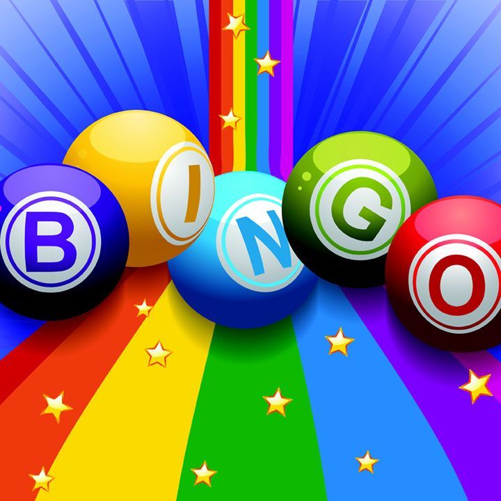 A bunch of bingo balls on a rainbow background