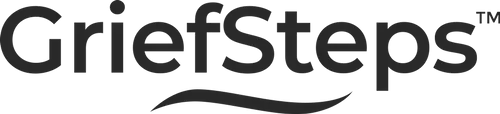 The griefsteps logo is black and white and has a wave in the middle.