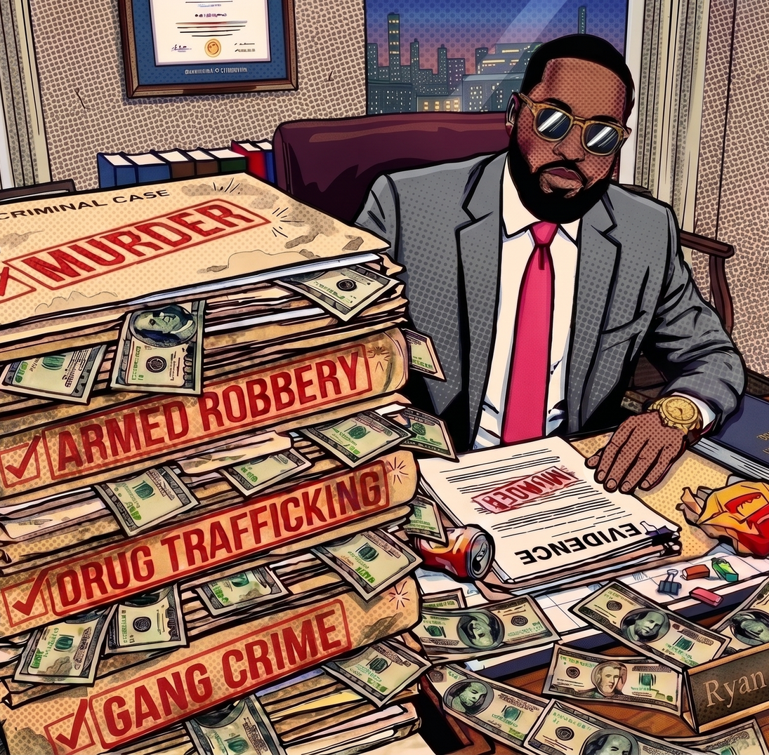 Stacks of labeled crime money beside a man in a red plaid suit counting cash at a desk.