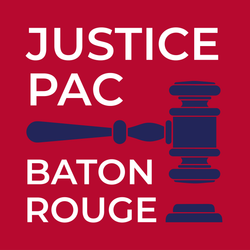 Justice PAC Baton Rouge logo with navy gavel on a red background