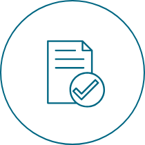 A line drawing of a paper with a check mark in a circle.