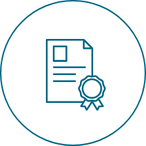 A line drawing of a certificate with a ribbon in a circle.