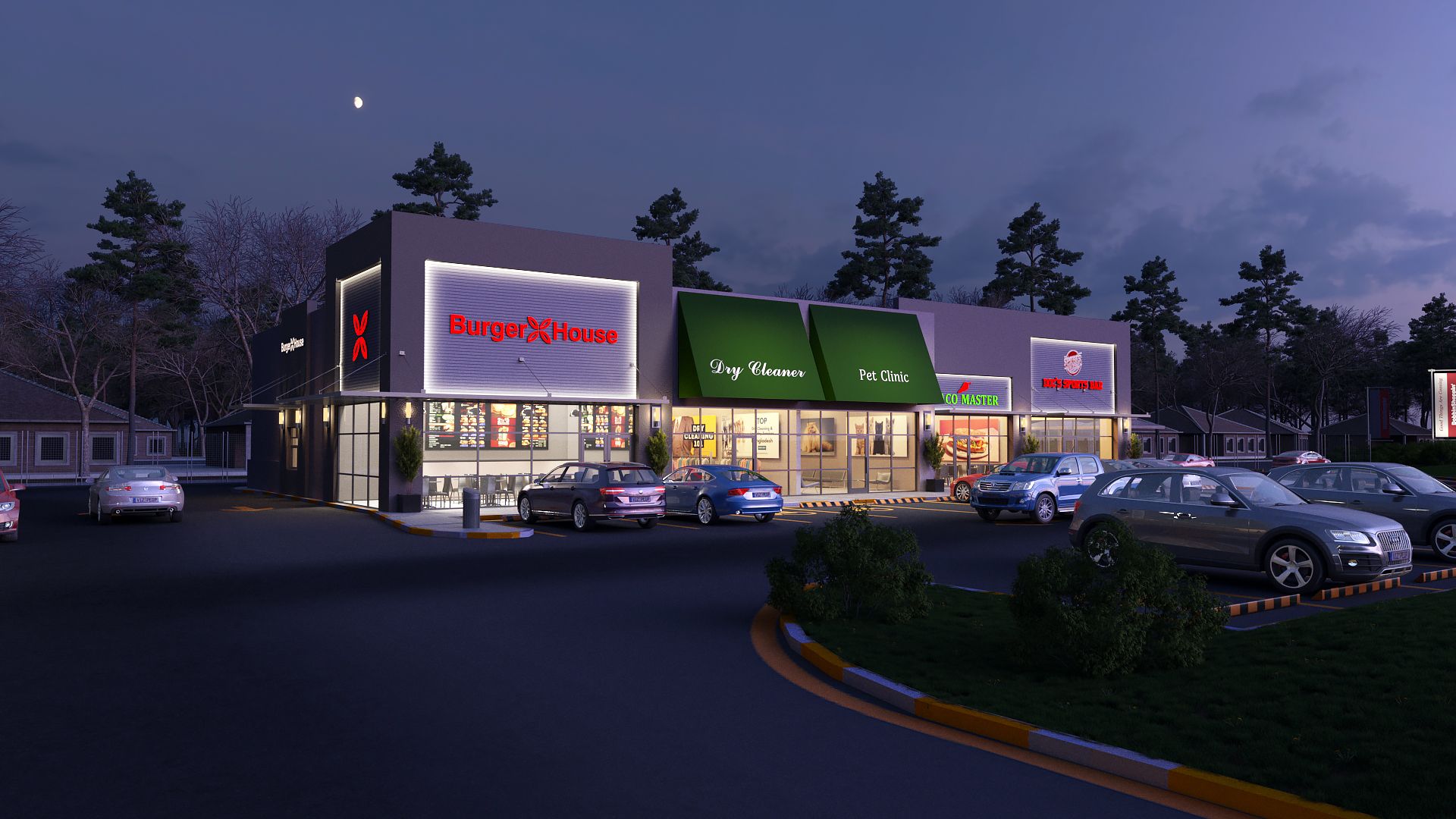 A rendering of a store at night with cars parked in front of it
