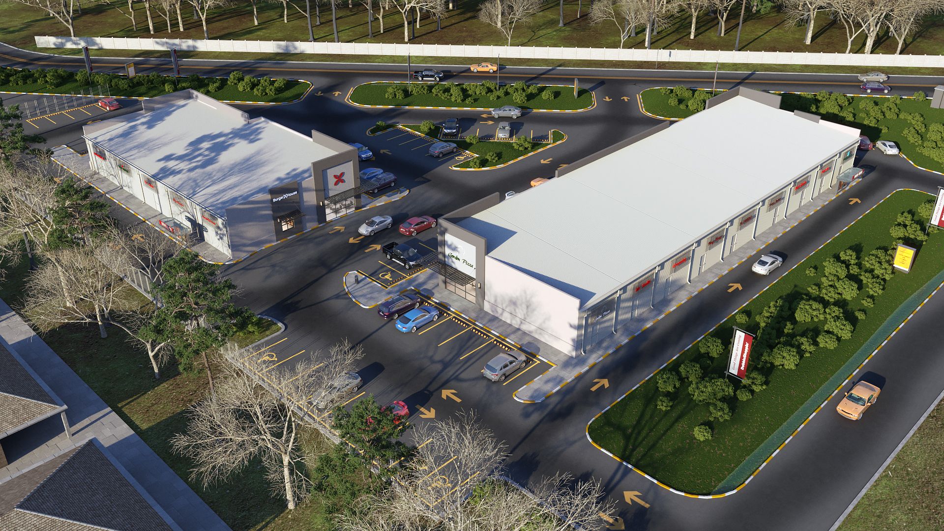 An aerial view of a parking lot and buildings